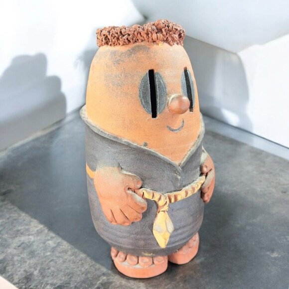 VTG Hand Made Large Coin Bank California RedWare Pottery Boy Signed S E Clack - Picture 1 of 16